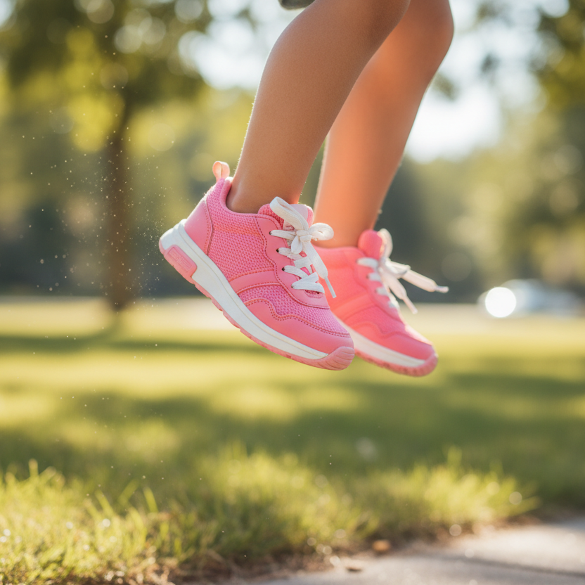 крачета на момиче което е подскочило и носи розови маратонки