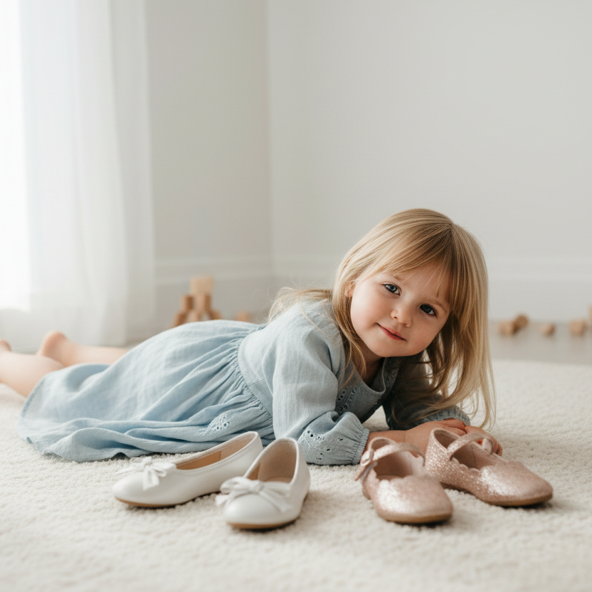 момиченце показващо колекцията си обувки