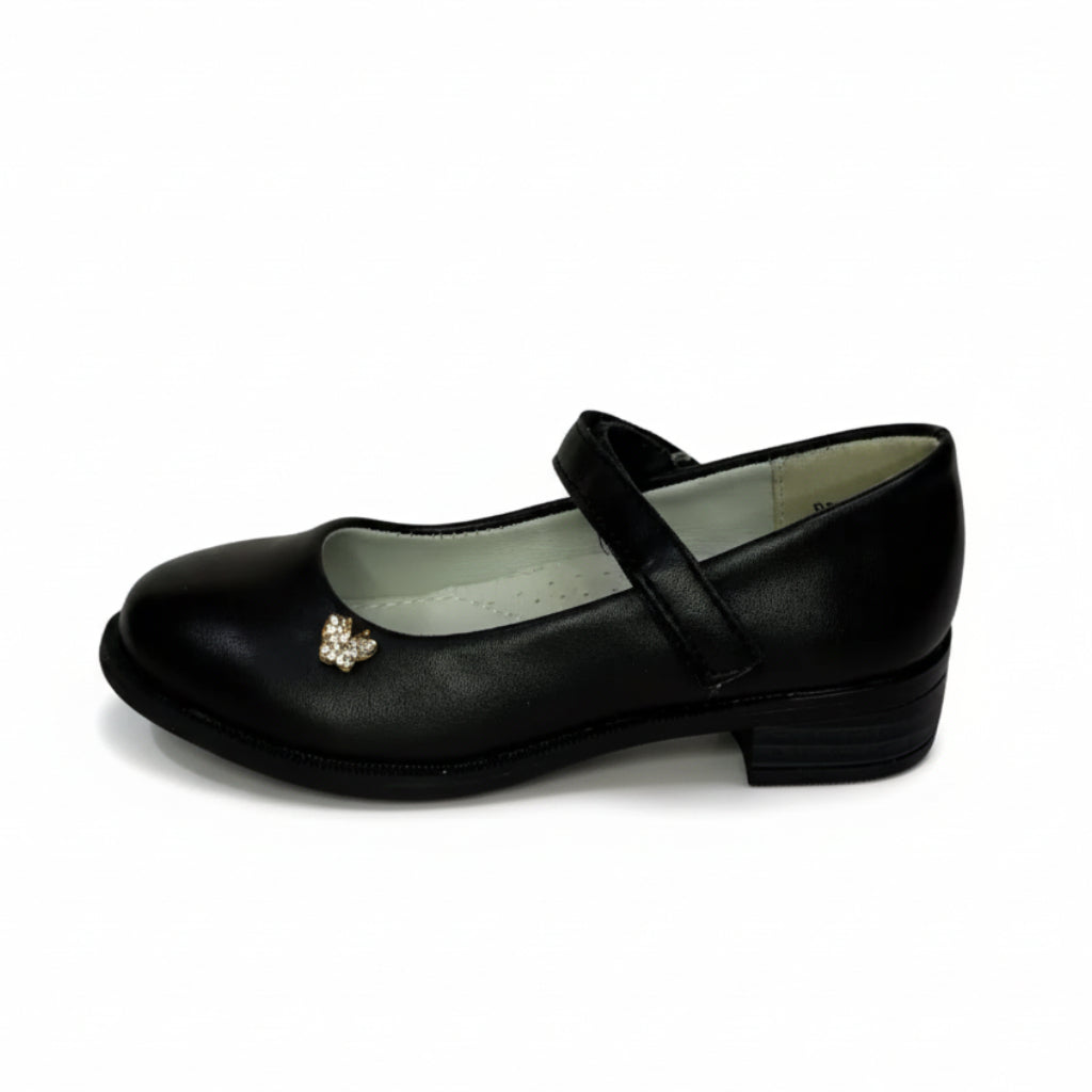 елегантни обувки пантофки комет черни странично с брошка пеперуда